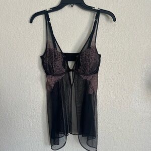 Victoria's Secret Sheer mesh black teddy camisole lace bra nightgown Size 36C